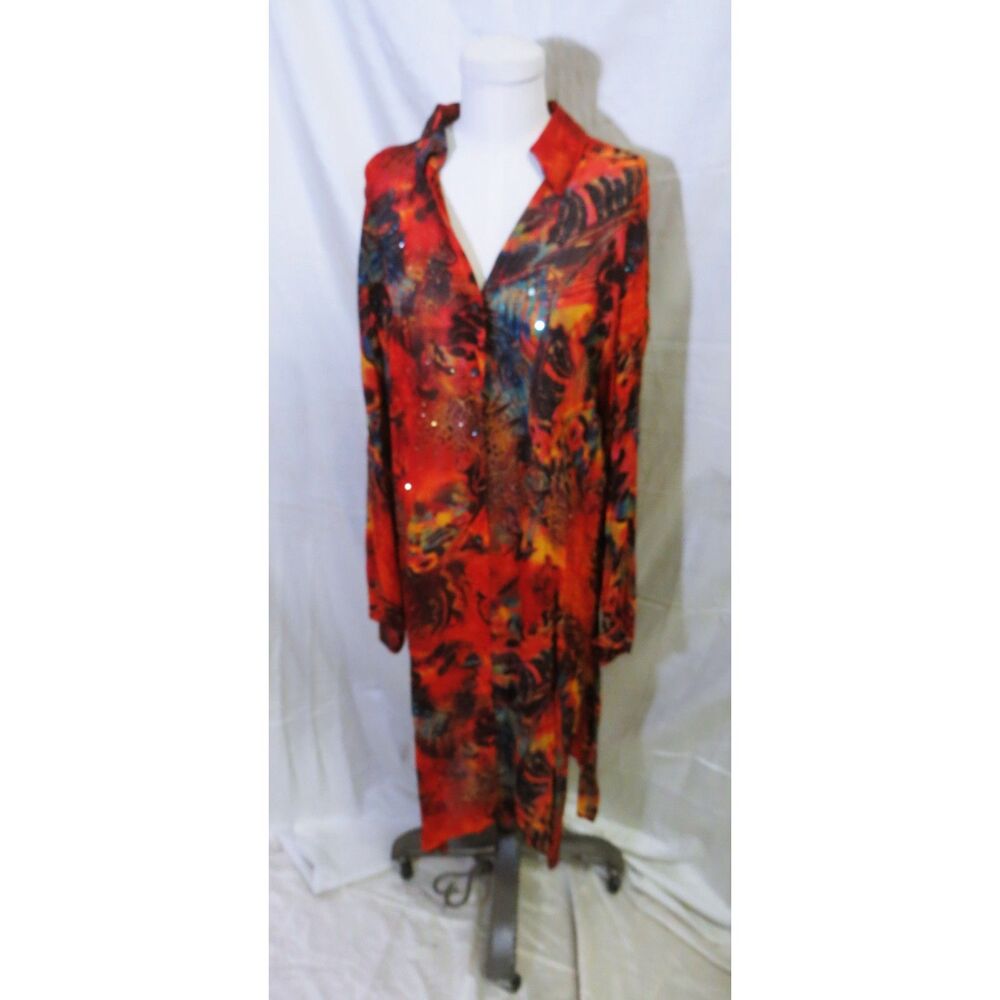 Vintage Chico's Designs Long Sheer Burnt Orange Embellished Duster Size S
